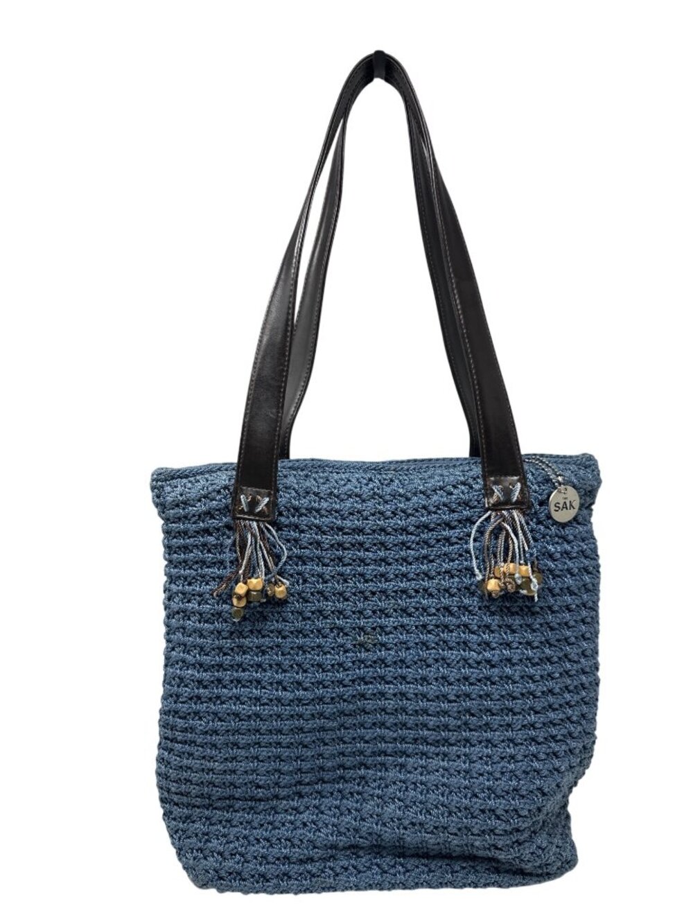 The Sak Blue Woven Tote Bag With Leather Straps & Bead Tassels